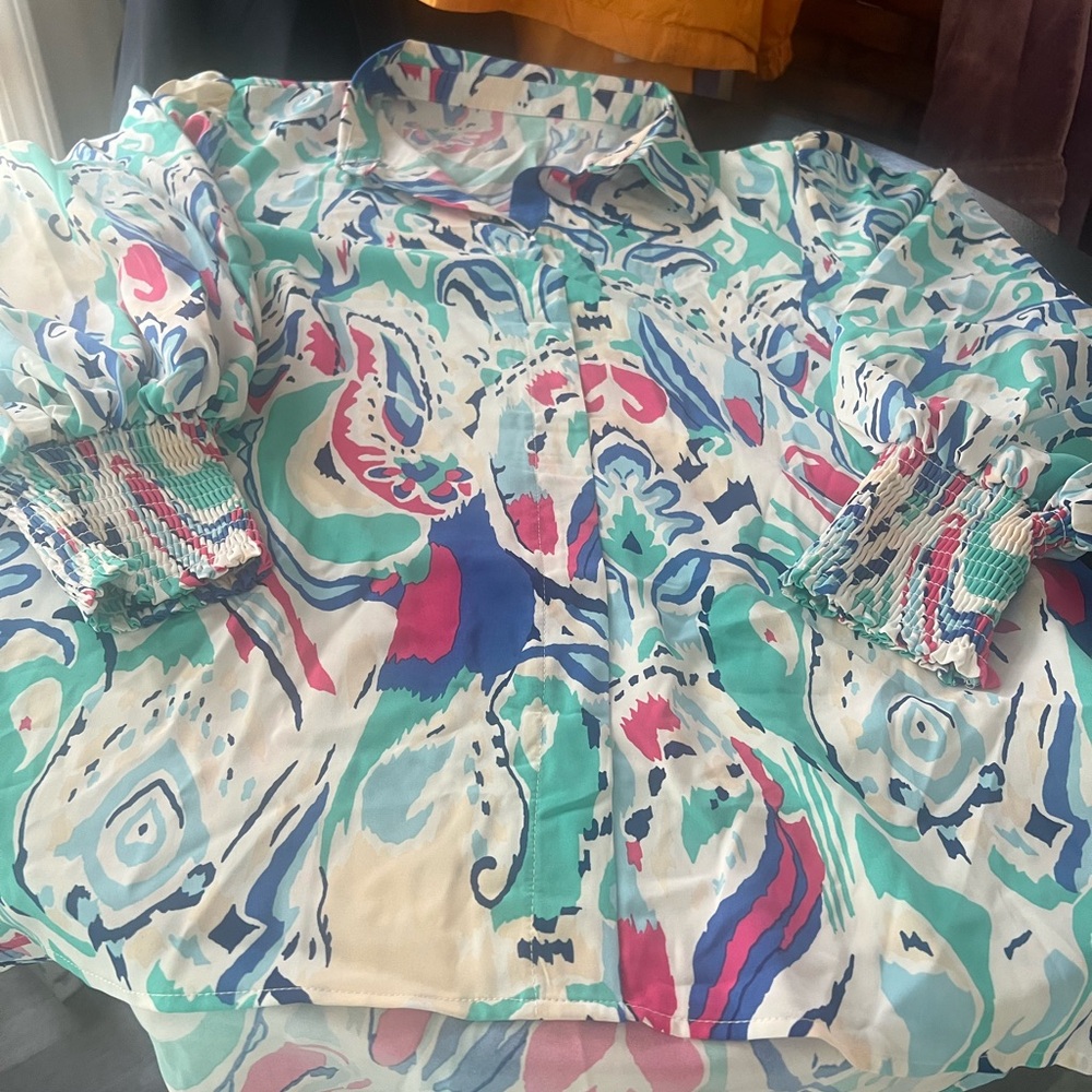 Abstract Print Pullover Blouse in Teal, Navy & Pink